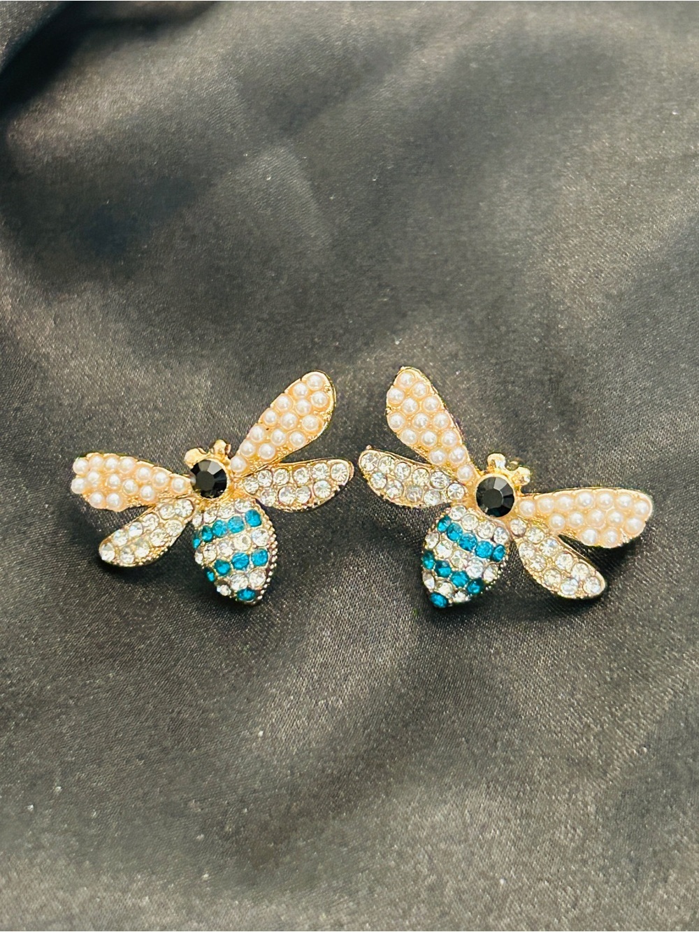 Gold Bee Crystal Stud Earrings with Blue Stripes